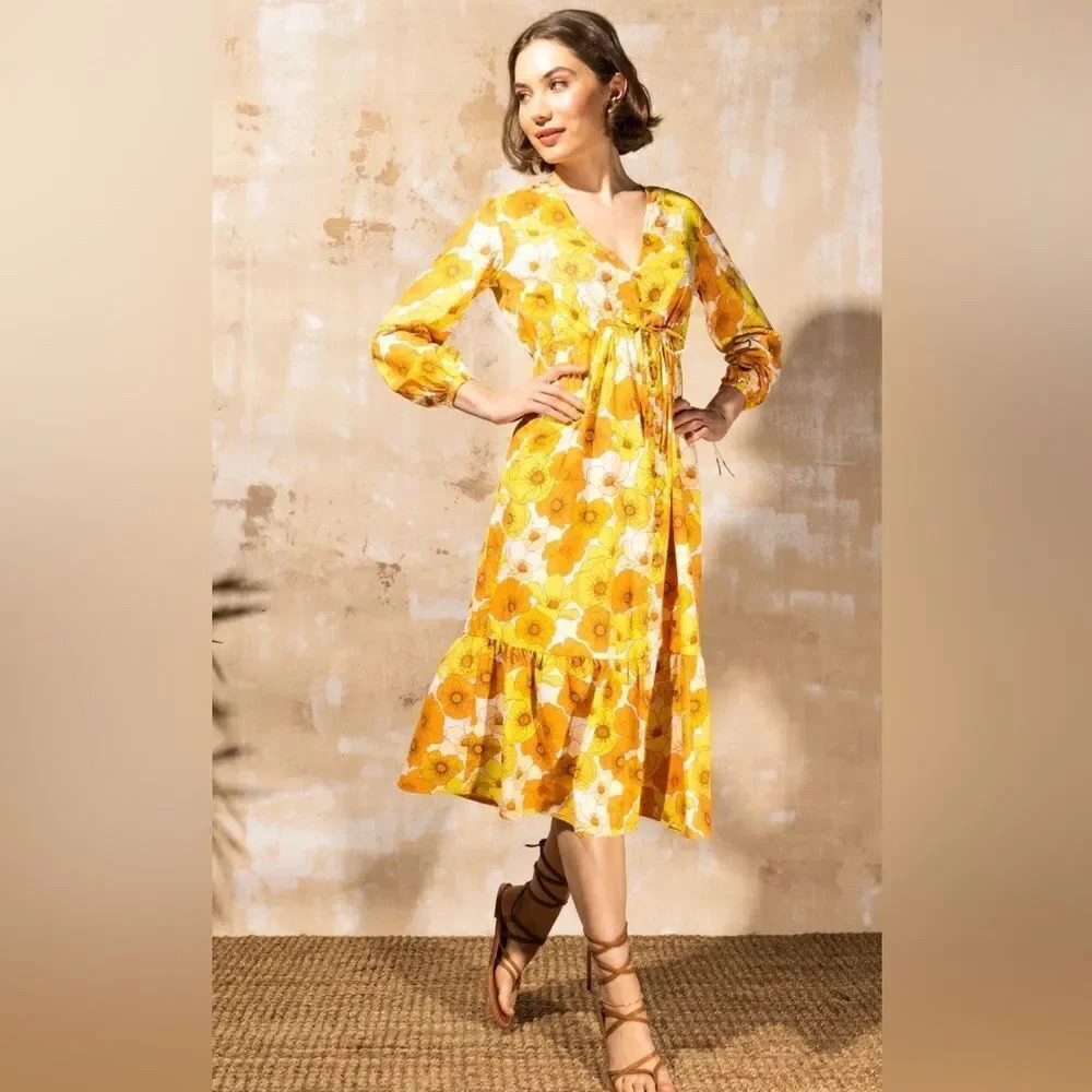 NEW Mott50 Scarlet Button Front Long Sleeve Midi Dress - Sunset Floral